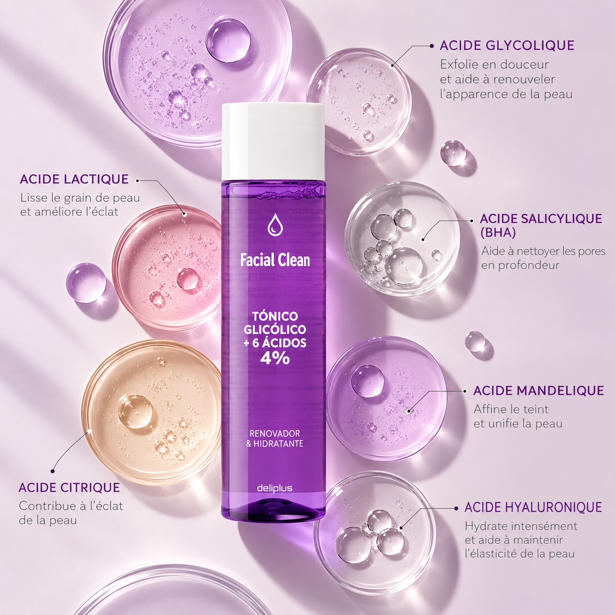 Deliplus - Tonique glycolique Facial Clean 4 % – 6 acides