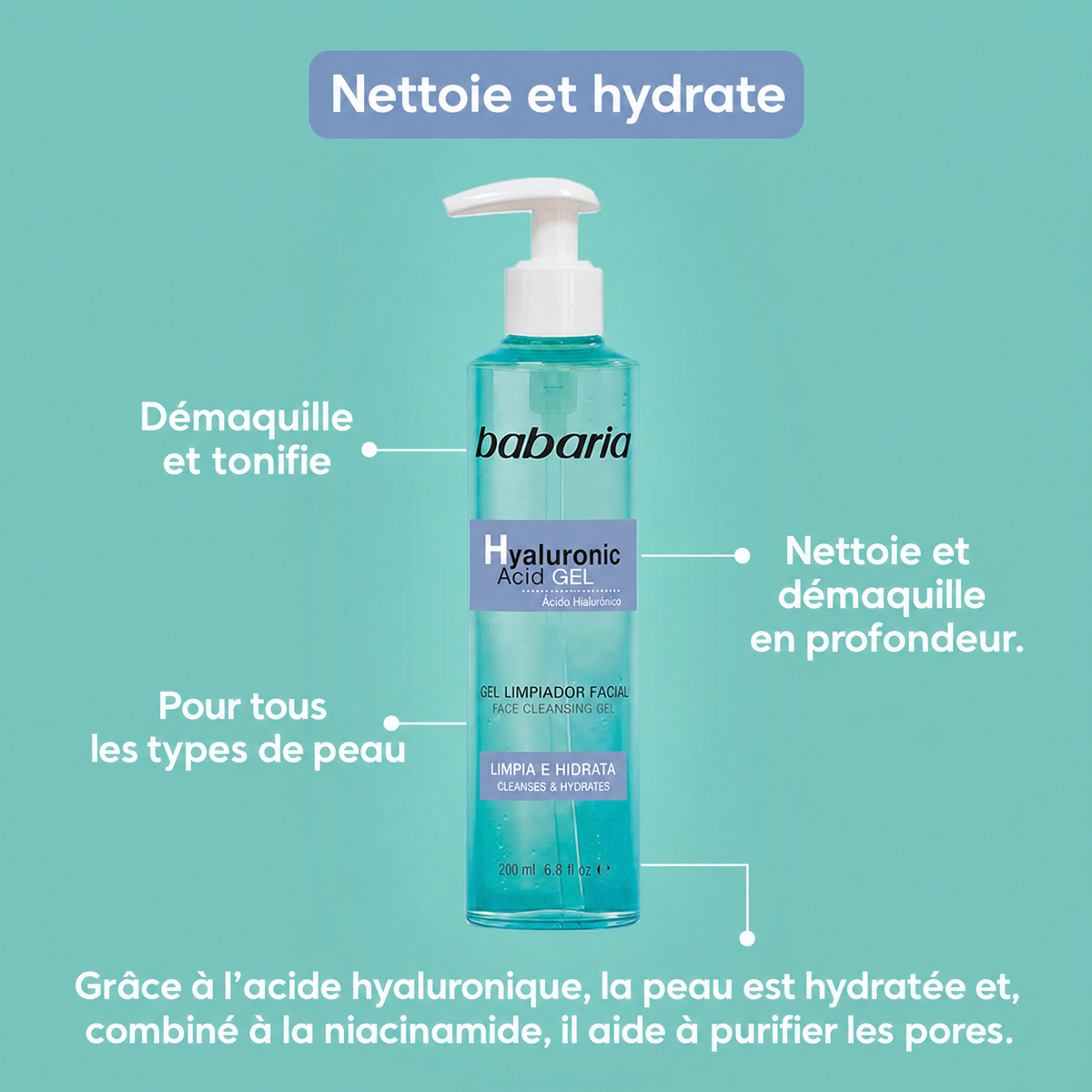 Babaria - Gel nettoyant visage à l’acide hyaluronique et niacinamide